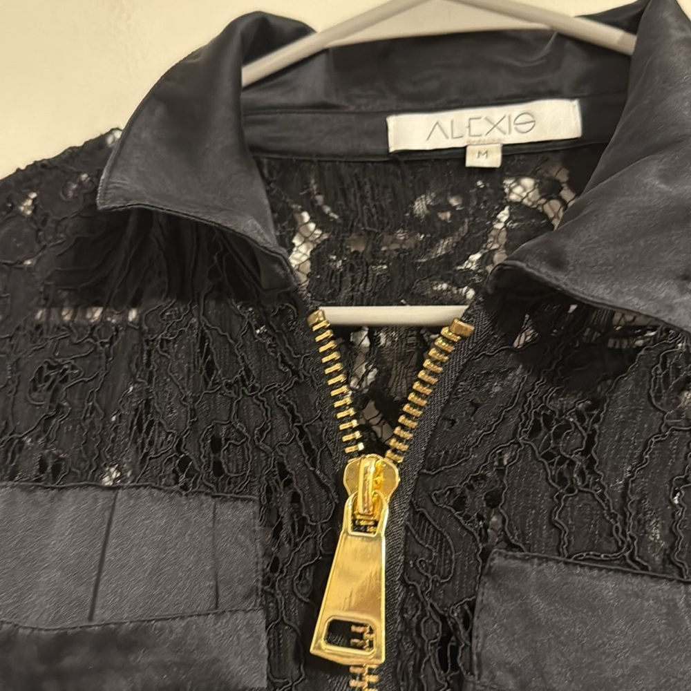 Alexis Keira black Lace mini dress eyelet gold zipper size M satin - Picture 6 of 8